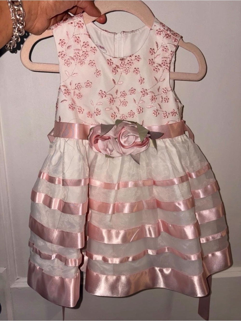 Bonnie Baby Pink and White Floral Embroidered Ribbon Dress